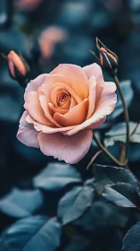 Peach Rose Bloom. Dual Tones, Soft Focus Garden Setting