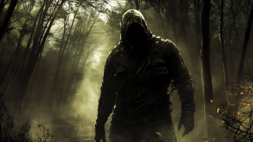 Hooded wraith strides through toxic mist in haunted forest.