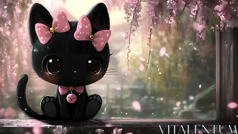 Sweet black kitten under soft falling cherry blossoms.
