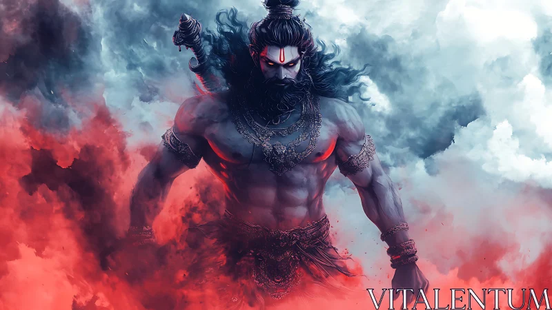 Powerful mythic warrior emerging from red and blue smoke.