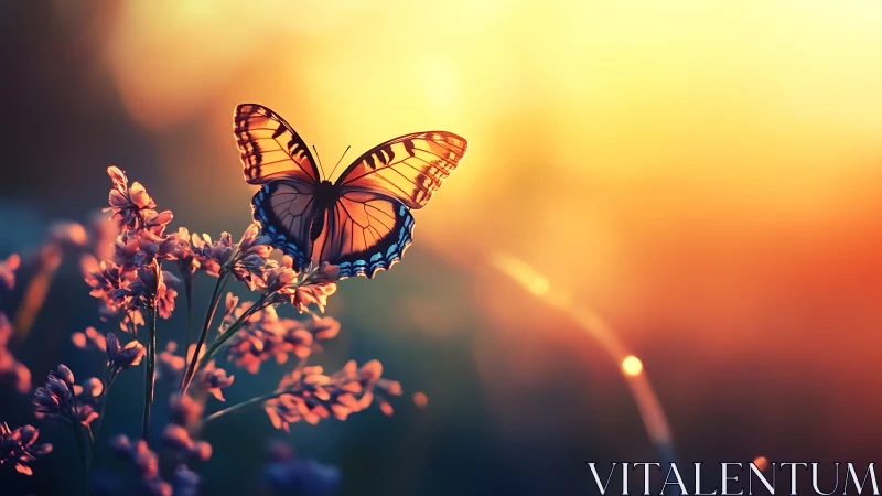 Digital painting of butterfly on wildflowers at sunset glow.