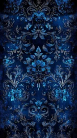 Rich blue floral damask pattern with ornate scrollwork.