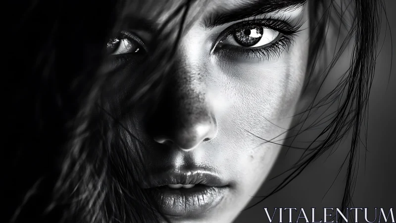 High-contrast monochrome close-up isolates detailed facial texture