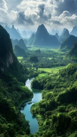 Verdant karst valley with winding turquoise river under storms.