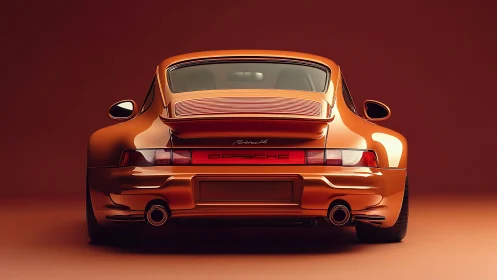 Orange classic sports car rear view on solid warm backdrop.