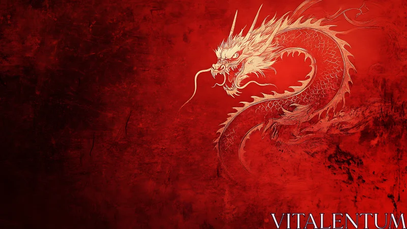 Digital painting of coiled oriental dragon on scarlet ground.