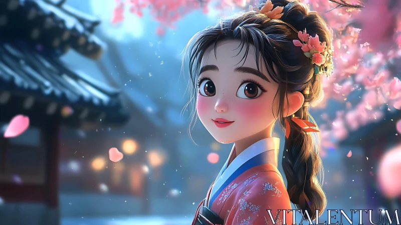 Anime girl in hanbok under soft twilight cherry blossoms.