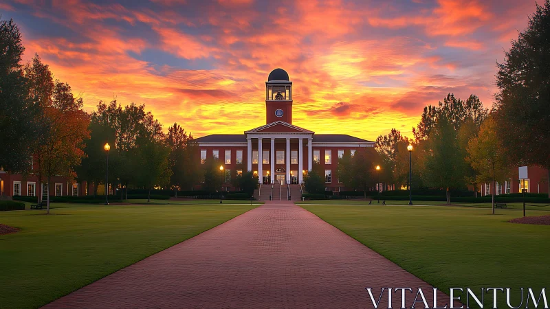 Twilight over neoclassical campus hall with glowing skyscape.