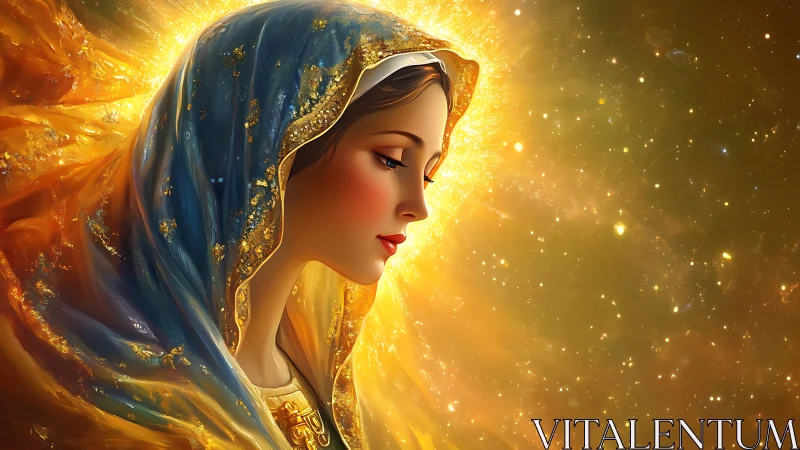 Serene veiled woman in golden radiant cosmic light.
