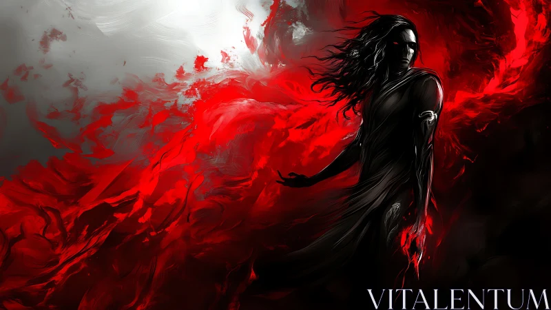 Dark sorcerer commands crimson energy in abstract vortex.