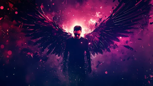 Stormborn dark angel rising in neon magenta starlight.