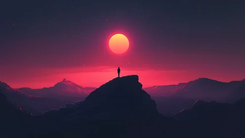 Solitary figure studies neon sun over stylized magenta ranges