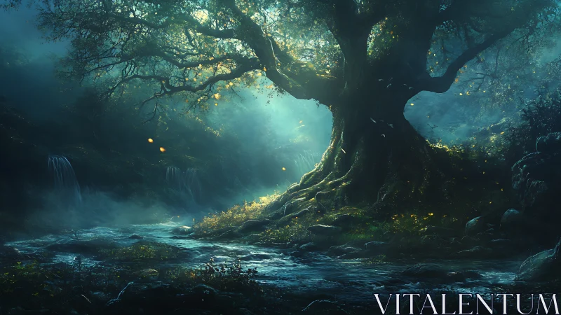 Bioluminescent forest nexus with luminous riverine worldtree.