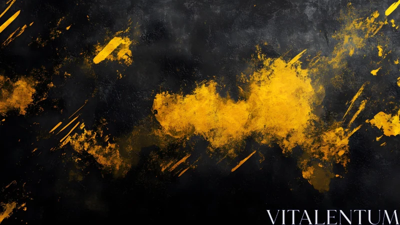 Bold yellow paint splatters on dark textured background, abstract art.