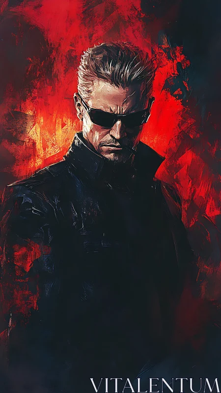 Brooding cyber enforcer framed in wildfire shadows.