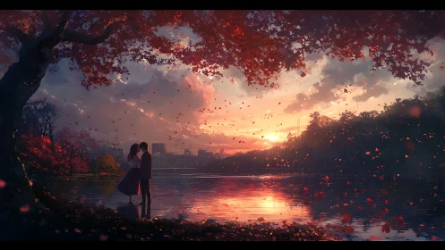 Couple embraces under crimson foliage at sunset