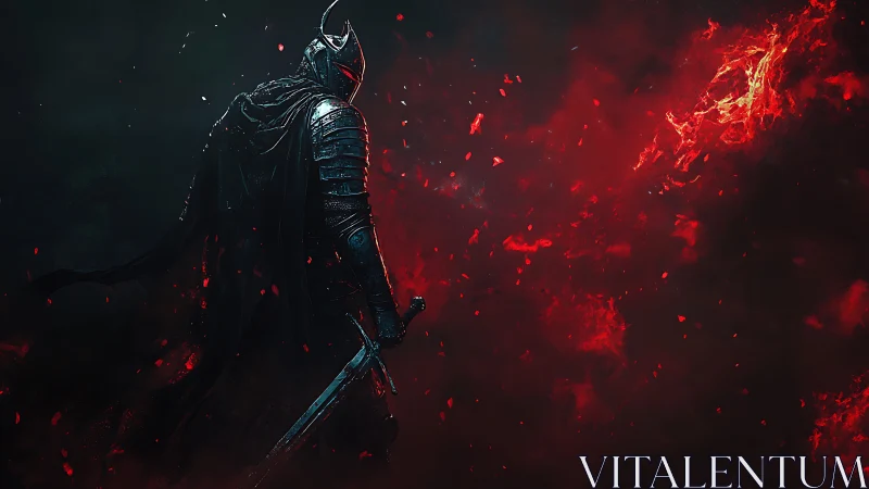 Dark armored knight walks through swirling red embers