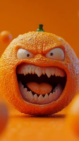 Hyper-detailed stylized angry orange with exaggerated teeth