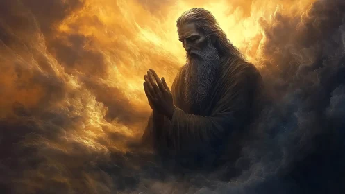 Ethereal elder in luminous storm-wreathed devotion.