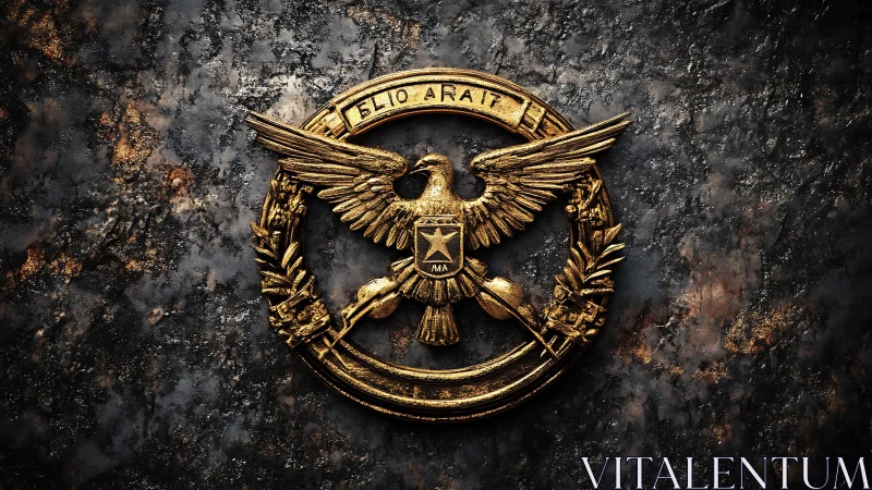 Aged golden eagle crest rests over dark corroded metal wall