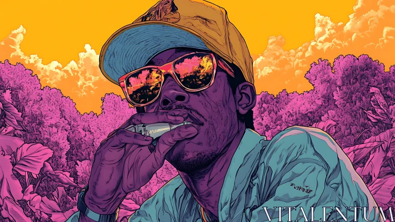 Bold stylized portrait of man smoking in neon jungle scene.