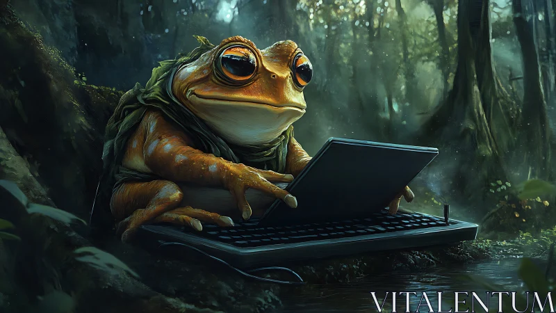 Forest tech-savvy frog calmly types on a laptop keyboard.