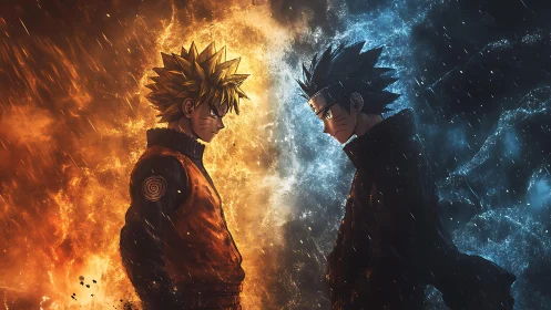 Rival ninjas clash before roaring fire and icy storm