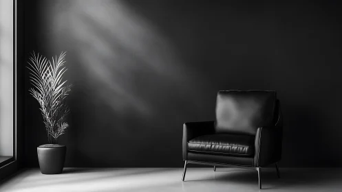 Cozy black lounge chair and plant in soft morning light.