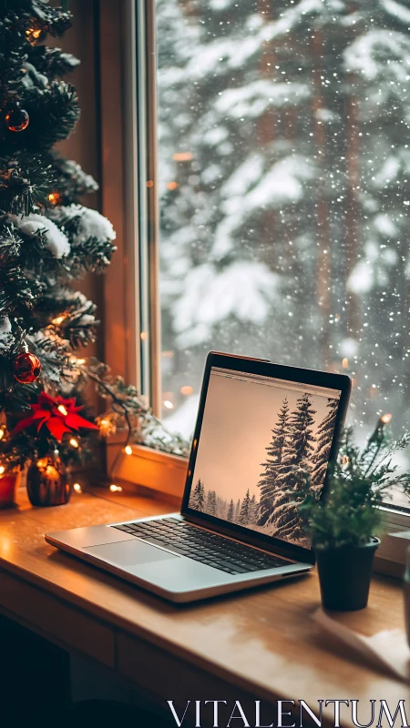 Laptop workspace overlooks snowfall through warm-lit window.