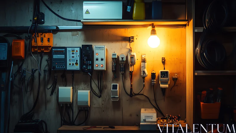 Illuminated control panel reveals organized electrical workshop