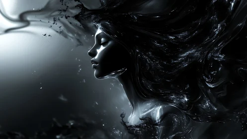 Specular-rendered female profile emerging from liquid dark matter