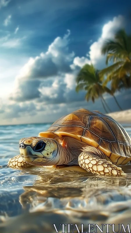 Photorealistic sea turtle close-up in tropical shoreline scene.