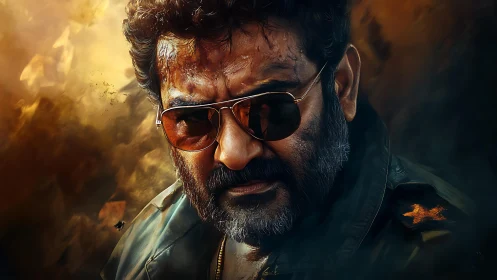 Cinematic close-up of stern bearded man in tinted aviator sunglasses