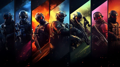 Segmented lineup of tactical soldiers in colored panels.