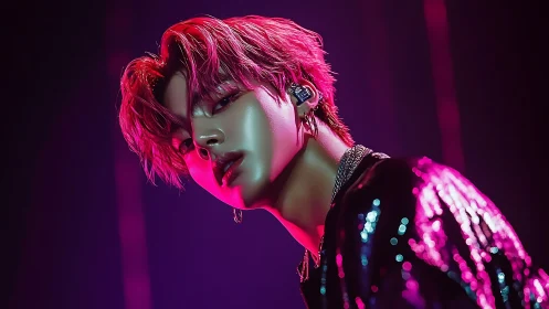 Neon stage idol bathed in electric magenta spotlight glow.