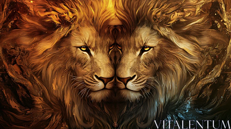Twin elemental lions in fiery and icy mirrored portrait.
