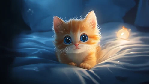 Illuminated Orange Kitten with Crystalline Blue Eyes in Ethereal Environment