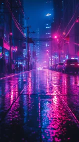 Neon city street glowing softly in the hush of midnight rain.