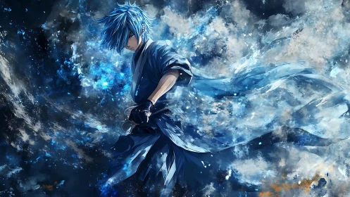 Blue-haired warrior strides through swirling cosmic storm