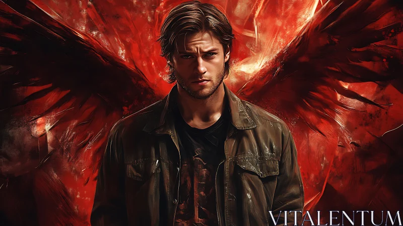 Male figure stands before stylized red wings in digital art