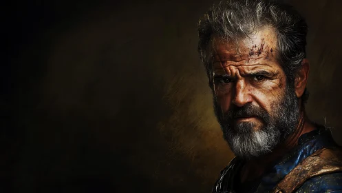 Weathered warrior’s steel stare against ruin-dark canvas.