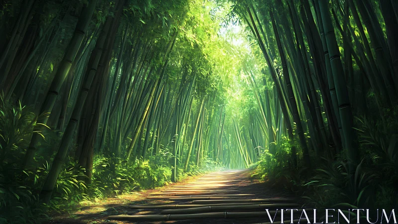Bamboo forest corridor with directional light path.