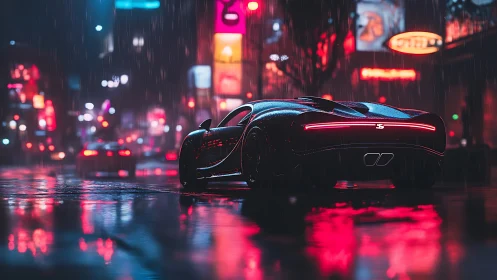 Midnight supercar gliding through neon city rainstorm.