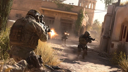 Tactical FPS squad advances under dynamic muzzle flash lighting effects