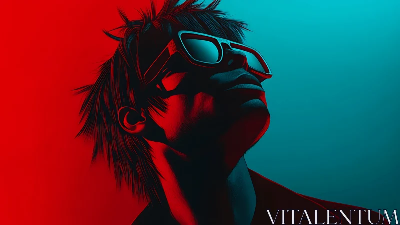 Stylized portrait of man with glasses in red blue light.