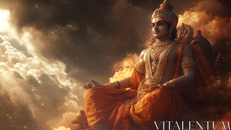 Divine golden deity meditates amid radiant storm clouds.