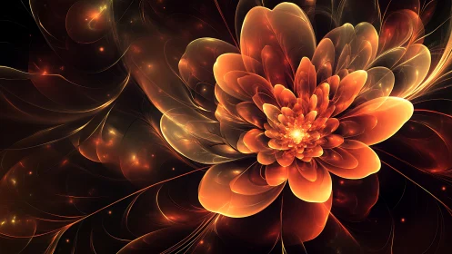 Luminous fractal blossom glows in radiant fiery petals.