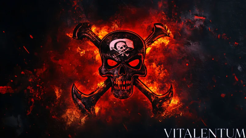 Flaming skull emblem with crossed axes on dark inferno backdrop.