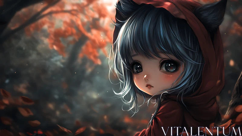 Autumn forest fox-girl in crimson hood, wistful gaze poised.