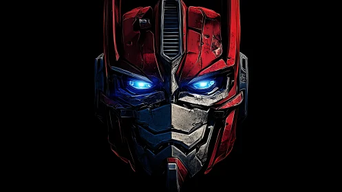 Battle-worn red robot helm glows with intense blue light